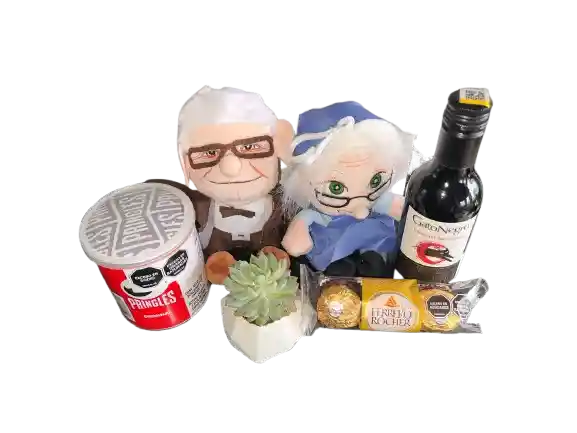 Combo De Pareja De Viejitos Inspirados En La Pelicula Up + Pringles + Gato Negro (piba) + Ferrero Rocher X 3 + 1suculenta En Base De Concreto Corazon Geo