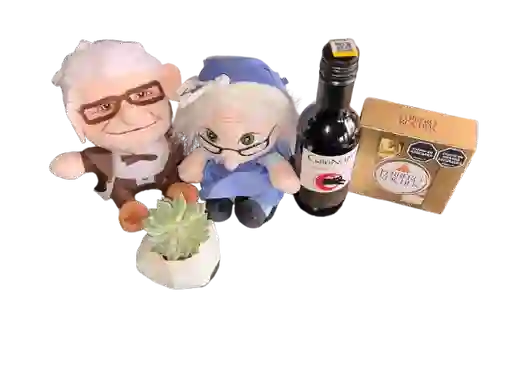 Combo De Pareja De Viejitos Inspirados En La Pelicula Up + Gato Negro (piba) + Ferrero Rocher X 3 + 1suculenta En Base De Concreto Corazon Geo