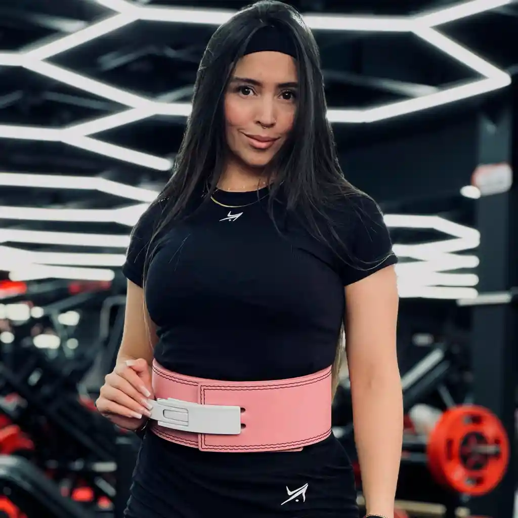 Cinturon Cuero Pesas Gym Powerlifting Hebilla Palanca Rosado