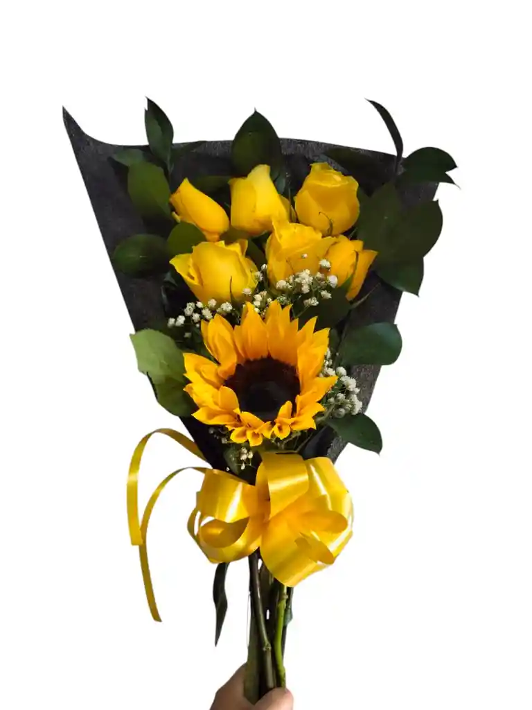 Bouquet De 6 Rosas Amarillas Un Girasol
