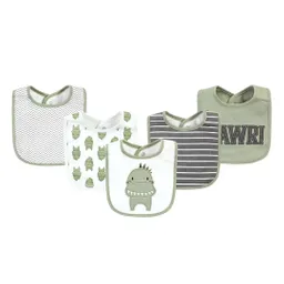 Paquete X5 Baberos Dinosaurio Verde En Algodón Para Bebé, Ajustable Por Botones A Presión, Con Diseños Coloridos Variados, Fácil De Limpiar, Absorbente - Hudson Baby