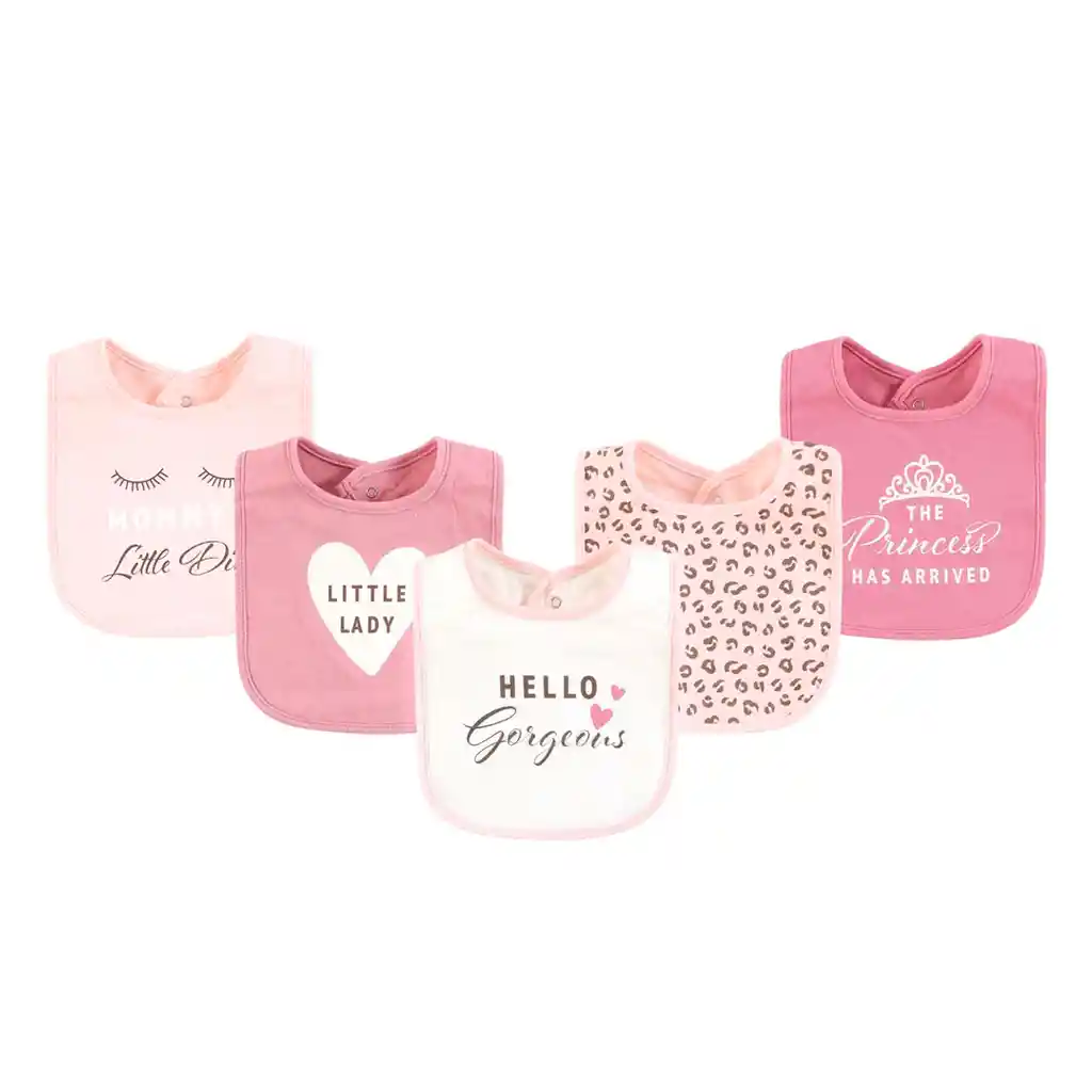 Paquete X5 Baberos Hello Gorgeous En Algodón Para Bebé, Ajustable Por Botones A Presión, Con Diseños Coloridos Variados, Fácil De Limpiar, Absorbente - Hudson Baby