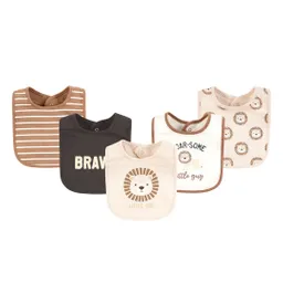 Paquete X5 Baberos León Café En Algodón Para Bebé, Ajustable Por Botones A Presión, Con Diseños Coloridos Variados, Fácil De Limpiar, Absorbente - Hudson Baby