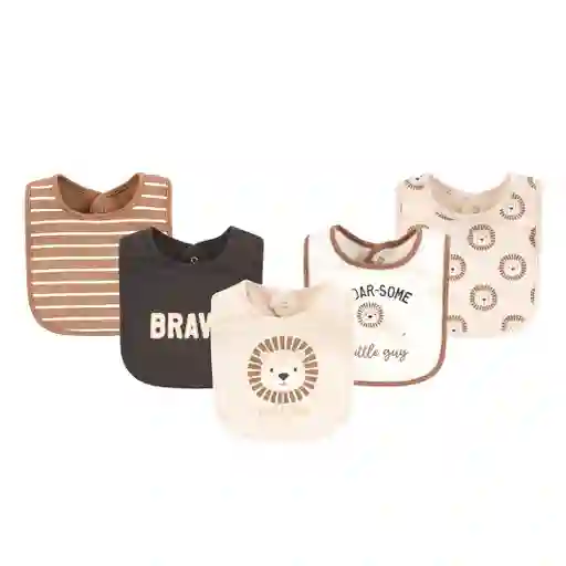 Paquete X5 Baberos León Café En Algodón Para Bebé, Ajustable Por Botones A Presión, Con Diseños Coloridos Variados, Fácil De Limpiar, Absorbente - Hudson Baby