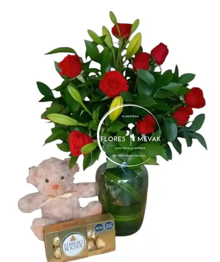 Rosas En Jarron, Con Peluche Y Chocolates Ferrero Rocher
