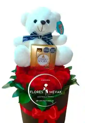 Rosas Rojas, Peluche Y Ferrero En Cilindro