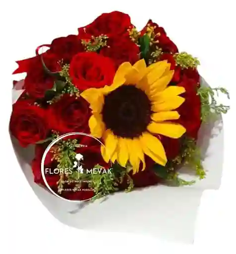 Ramo Rosas Y Girasol En Cono