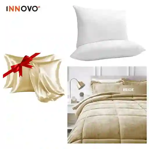 Combo Cubrelecho Beige Térmico Cama Doble + 2 Almohadas Confort + Obsequio Fundas Satín