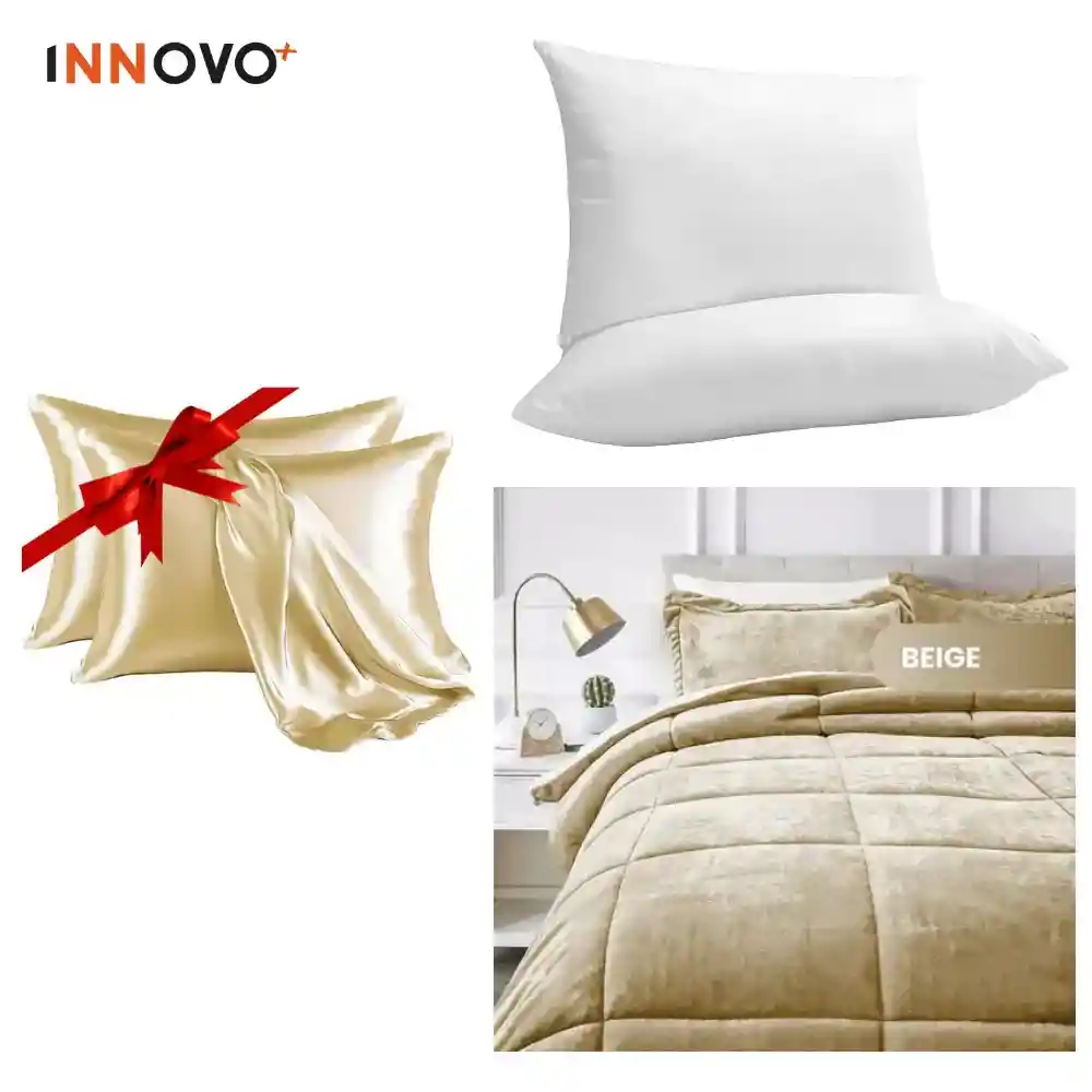 Combo Cubrelecho Beige Térmico Cama Doble + 2 Almohadas Confort + Obsequio Fundas Satín