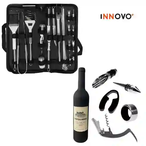 Combo Set Utensilios Asado X29 Piezas Estuche+ Kit Sacacorchos Tipo Botella X5