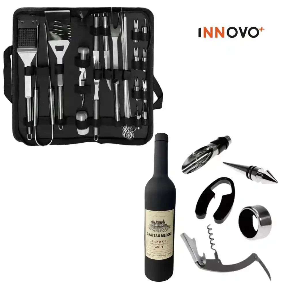 Combo Set Utensilios Asado X29 Piezas Estuche+ Kit Sacacorchos Tipo Botella X5