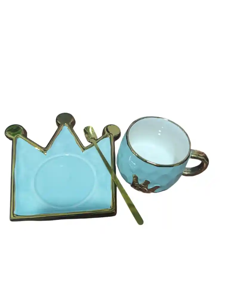 Set De Pocillo, Porta Taza Y Cuchara Color Azul Agua Marina