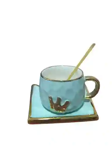 Set De Pocillo, Porta Taza Y Cuchara Color Azul Agua Marina