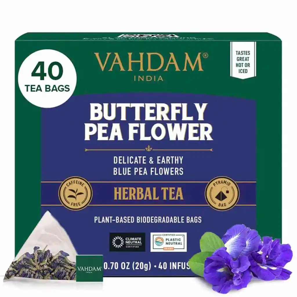 " Vahdam Butterfly Pea Flower Tea Bags, Té Vegano, Non-gmo, Delicado Y Terroso, Directo De Origen - 40 Bolsas Piramidales Biodegradables "