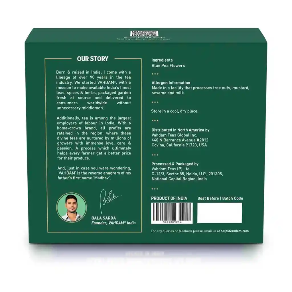 " Vahdam Butterfly Pea Flower Tea Bags, Té Vegano, Non-gmo, Delicado Y Terroso, Directo De Origen - 40 Bolsas Piramidales Biodegradables "