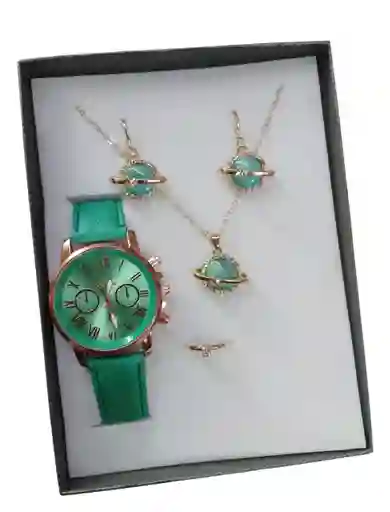 Kit Reloj Verde Para Mujer + Juego De Collar Aretes Verde
