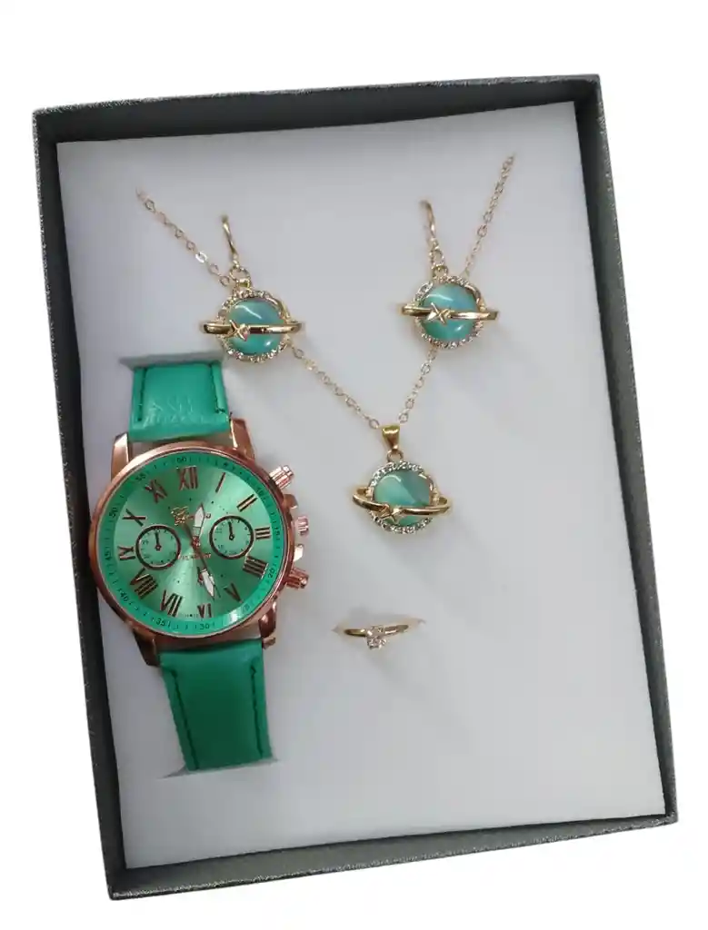 Kit Reloj Verde Para Mujer + Juego De Collar Aretes Verde