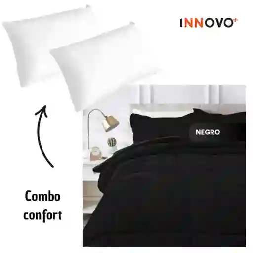 Combo Cubrelecho Térmico Ovejero Doble Funda Negro + 2 Almohadas Confort Siliconada