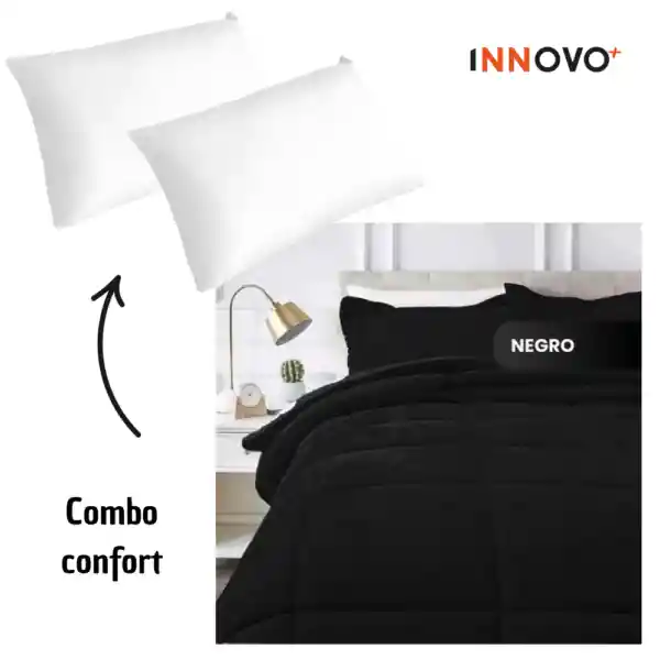 Combo Cubrelecho Térmico Ovejero Doble Funda Negro + 2 Almohadas Confort Siliconada