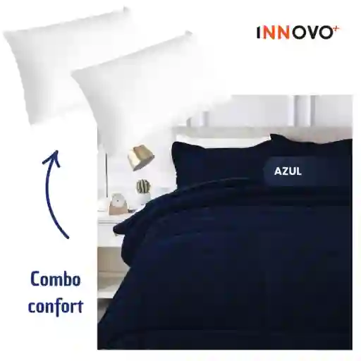 Combo Cubrelecho Térmico Ovejero Doble Funda Azul Oscuro + 2 Almohadas Confort Siliconada