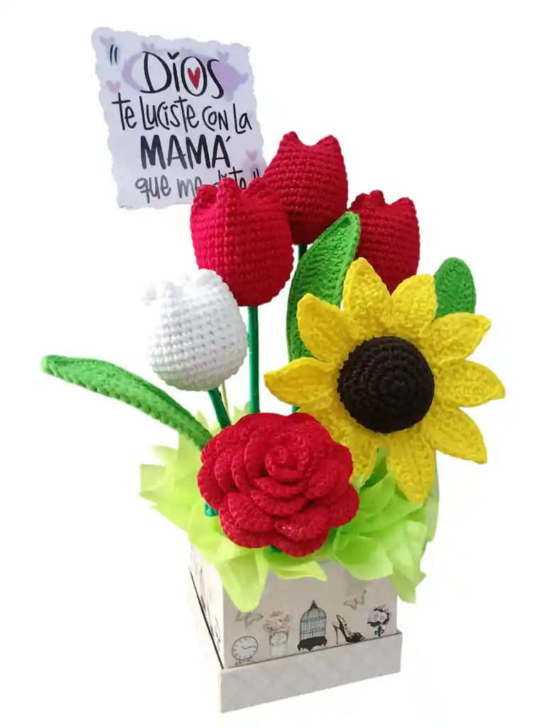 Arreglo Tulipanes Eternos Con Girasol Flores Eternas Tejidas