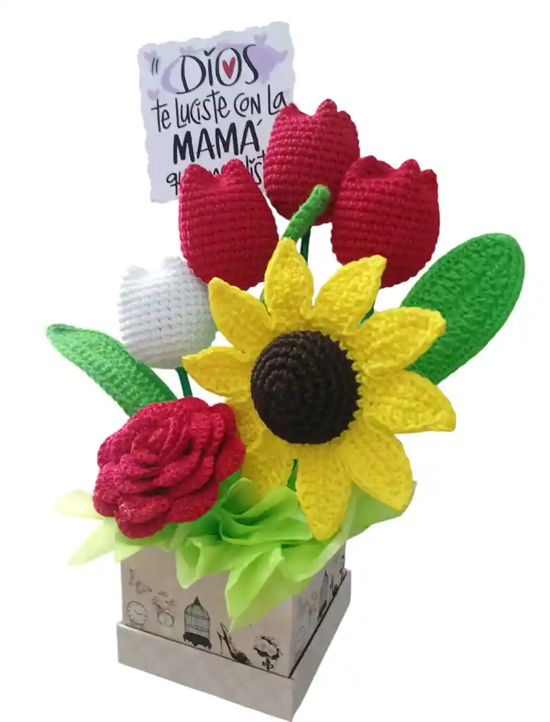 Arreglo Tulipanes Eternos Con Girasol Flores Eternas Tejidas