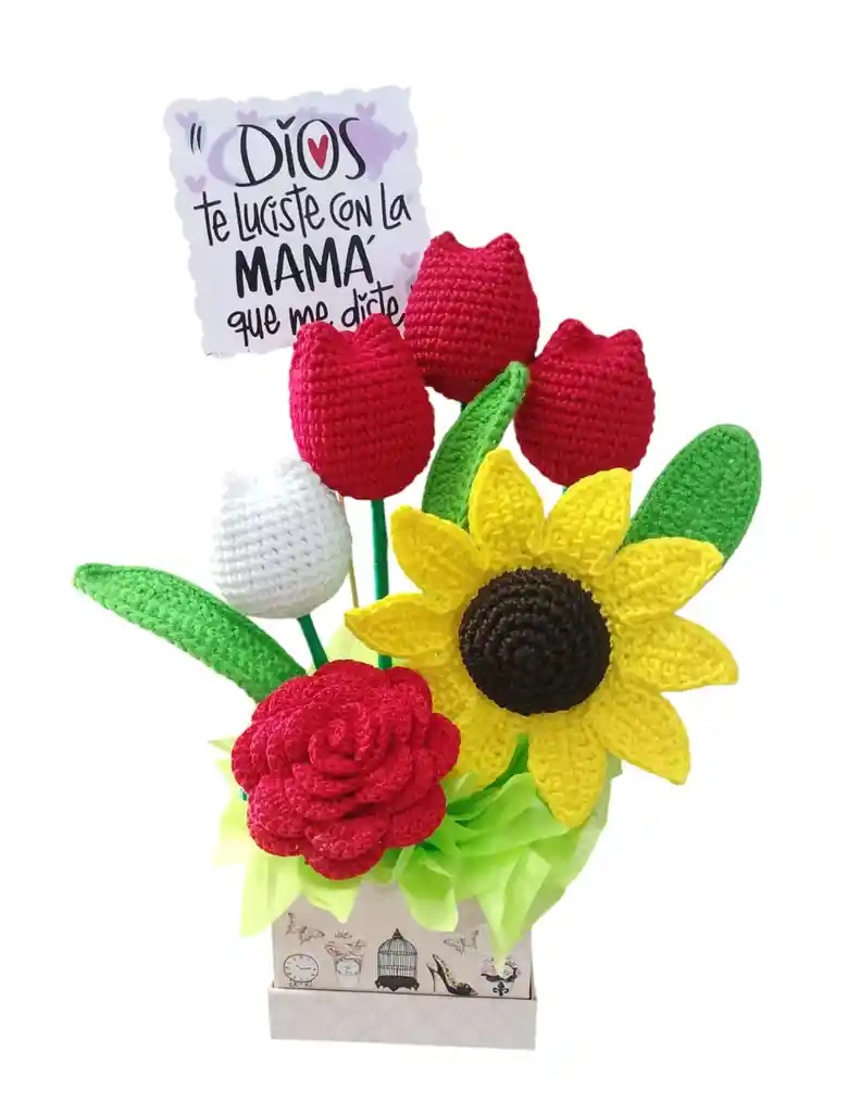 Arreglo Tulipanes Eternos Con Girasol Flores Eternas Tejidas