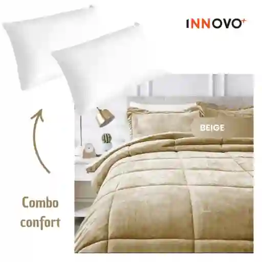 Combo Cubrelecho Térmico Ovejero Doble Funda Beige + 2 Almohadas Confort Siliconada