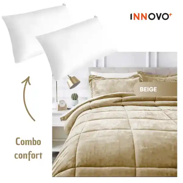 Combo Cubrelecho Térmico Ovejero Doble Funda Beige + 2 Almohadas Confort Siliconada