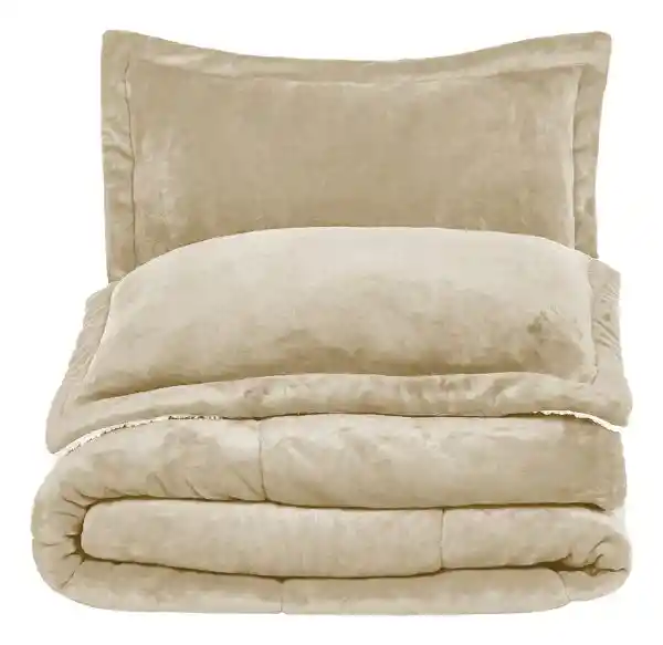 Combo Cubrelecho Térmico Ovejero Doble Funda Beige + 2 Almohadas Confort Siliconada