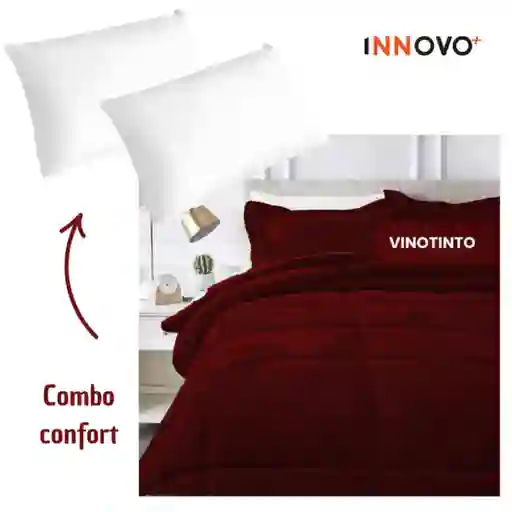 Combo Cubrelecho Térmico Ovejero Doble Funda Vinotinto + 2 Almohadas Confort Siliconada