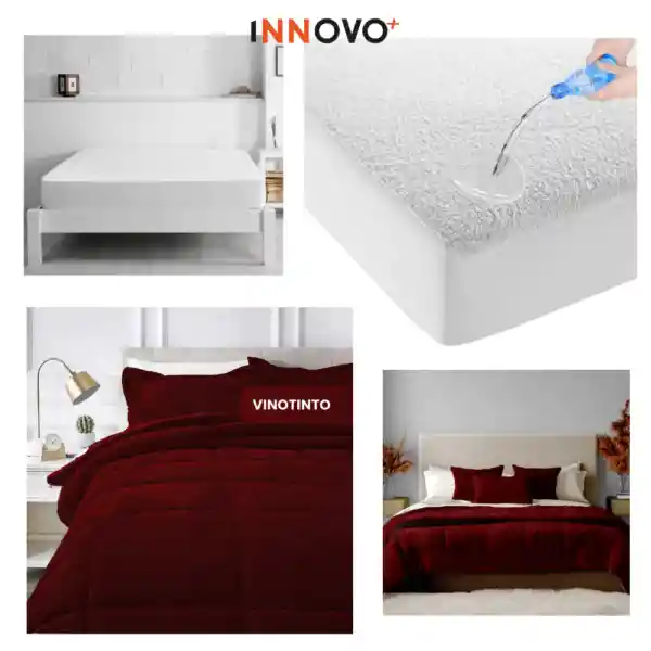 Combo Cubrelecho Térmico Doble Funda Ovejero Vinotinto + Protector De Colchón Antifluido