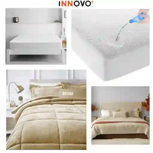 Combo Cubrelecho Térmico Doble Funda Ovejero Beige + Protector De Colchón Antifluido