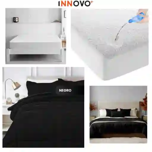 Combo Cubrelecho Térmico Doble Funda Ovejero Negro + Protector De Colchón Antifluido