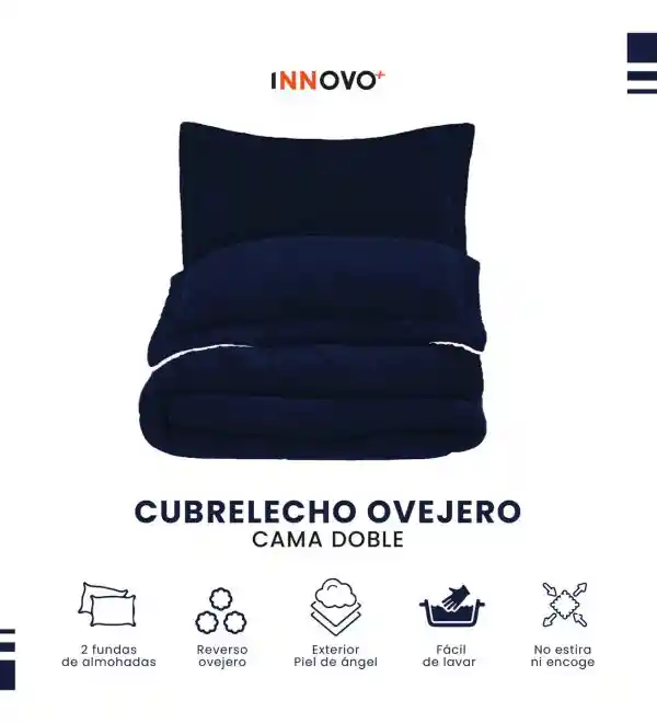 Combo Cubrelecho Térmico Doble Funda Ovejero Azul Oscuro + Protector De Colchón Antifluido