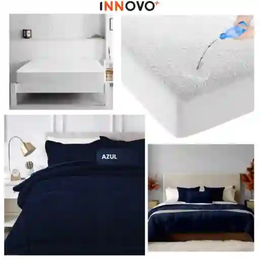 Combo Cubrelecho Térmico Doble Funda Ovejero Azul Oscuro + Protector De Colchón Antifluido