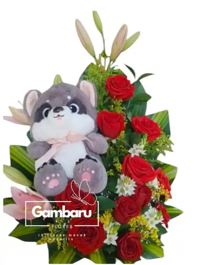 Rosas Rojas En Ramo, Con Peluche