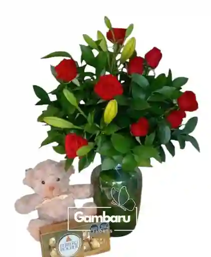 Rosas, Peluche Y Chocolates Ferrero Rocher X8