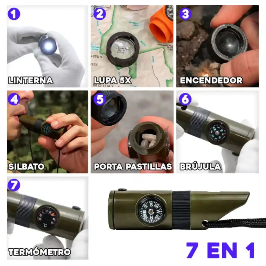 Silbato Supervivencia 7 En 1 Herramientas Pito Rescate 22mk1
