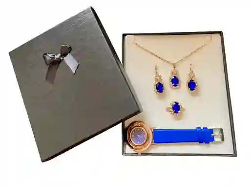 Set Reloj Azul Y Accesorios En Caja