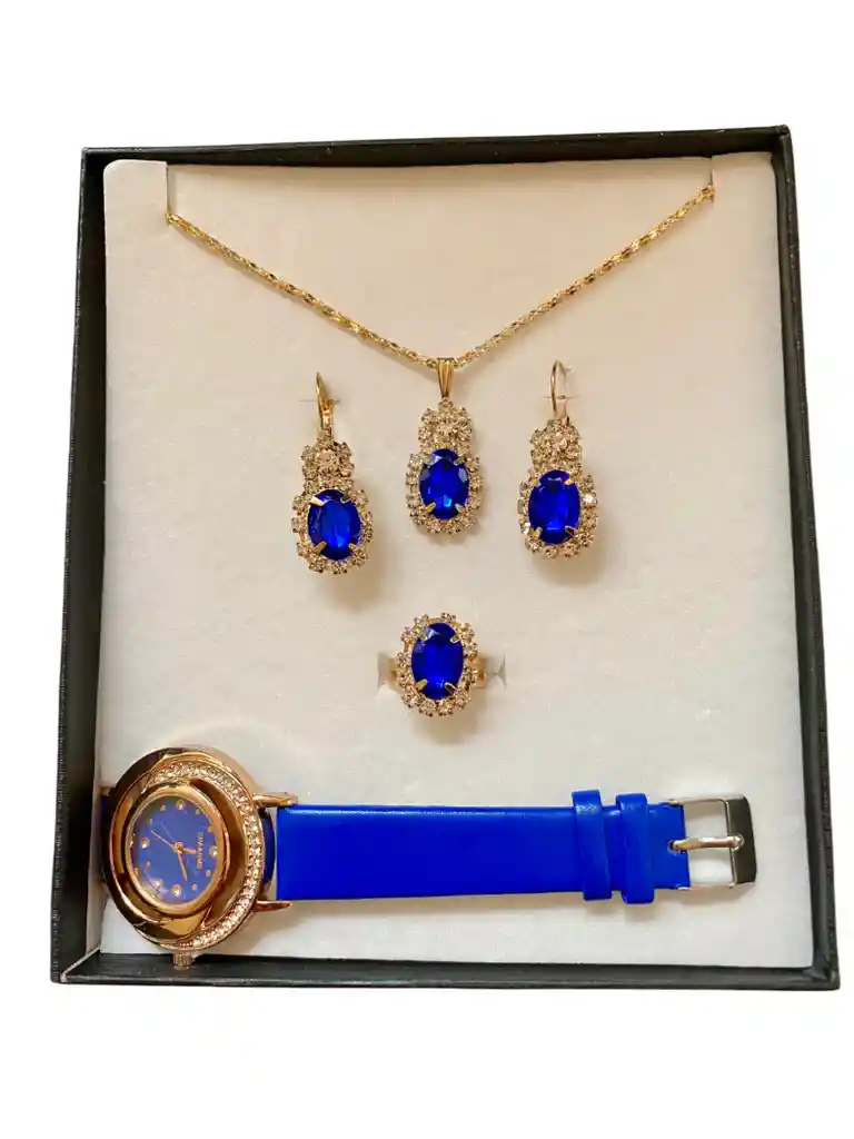 Set Reloj Azul Y Accesorios En Caja