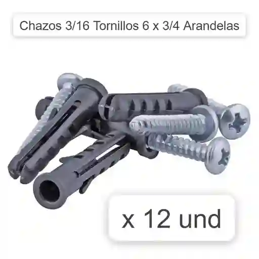 Chazo 3/16 + Tornillo 6 X 3/4 + Arandela X 12 Und