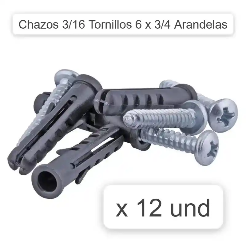 Chazo 3/16 + Tornillo 6 X 3/4 + Arandela X 12 Und