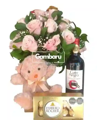 Flores Combo De Rosas Vino Y Peluche