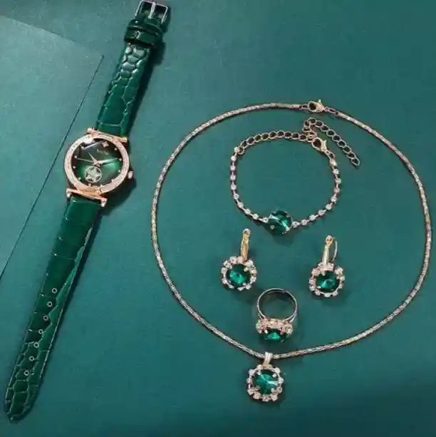 Set Reloj Verde Y Accesorios En Caja