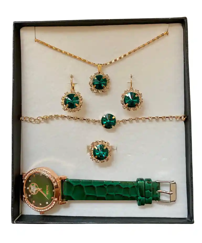 Set Reloj Verde Y Accesorios En Caja