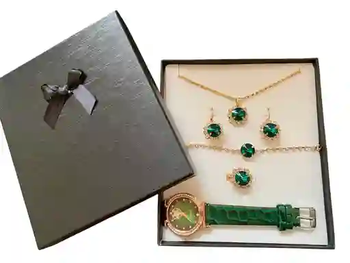 Set Reloj Verde Y Accesorios En Caja