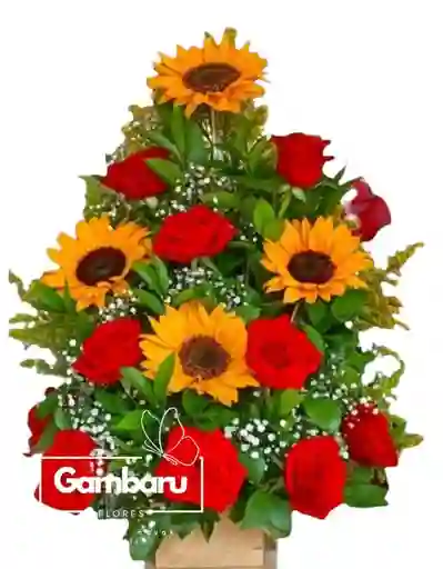 Flores Rosas Rojas Y Girasoles En Ramo