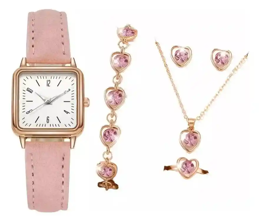 Set Reloj Rosa Y Accesorios En Caja