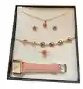 Set Reloj Rosa Y Accesorios En Caja